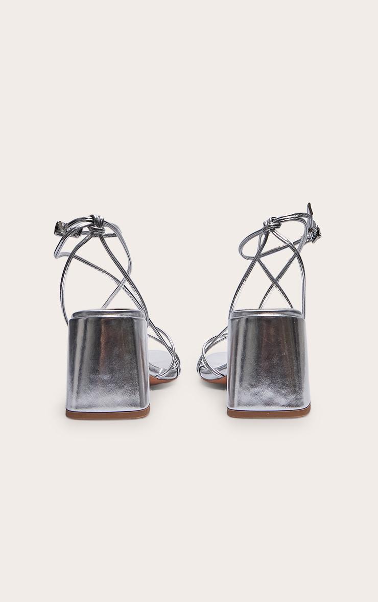 Silver Pu Round Toe Strappy Mid Block Heeled Sandals Product Image