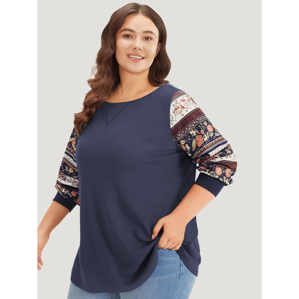 Plus Size Boho Print Patchwork Crew Neck Sweatshirt Women DarkBlue Casual Elastic cuffs Round Neck Everyday Sweatshirts BloomChic 18-20/2X Product Image