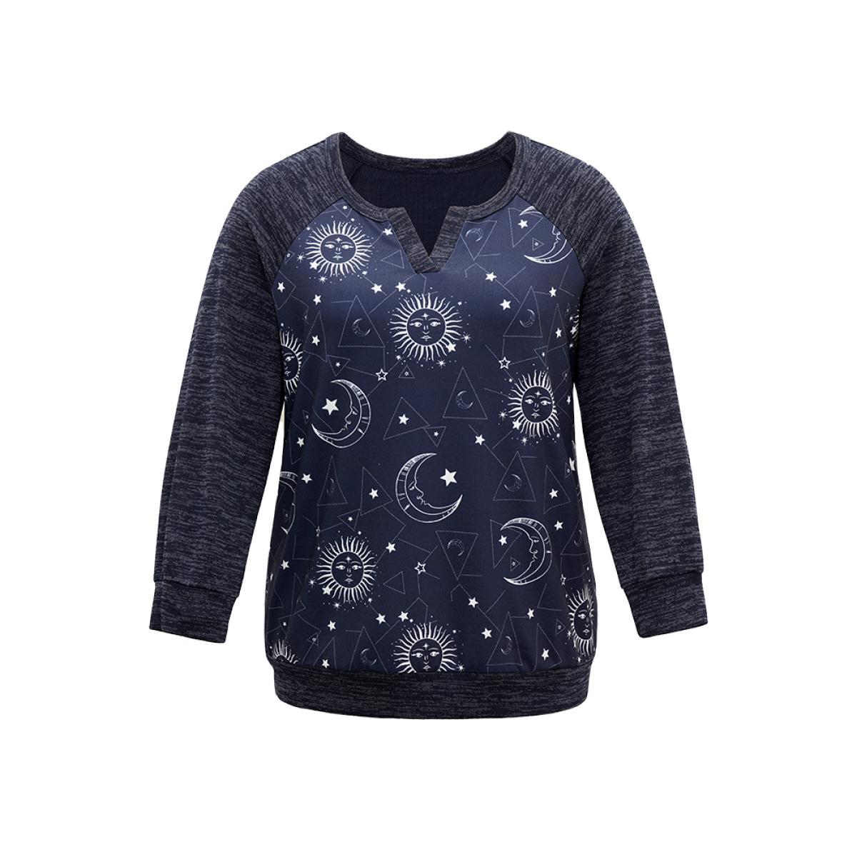 Plus Size Halloween Moon & Star Notched Raglan Sleeve Sweatshirt Women Indigo Casual Elastic cuffs Notched collar Festival-Halloween Sweatshirts BloomChic 26/4X Product Image