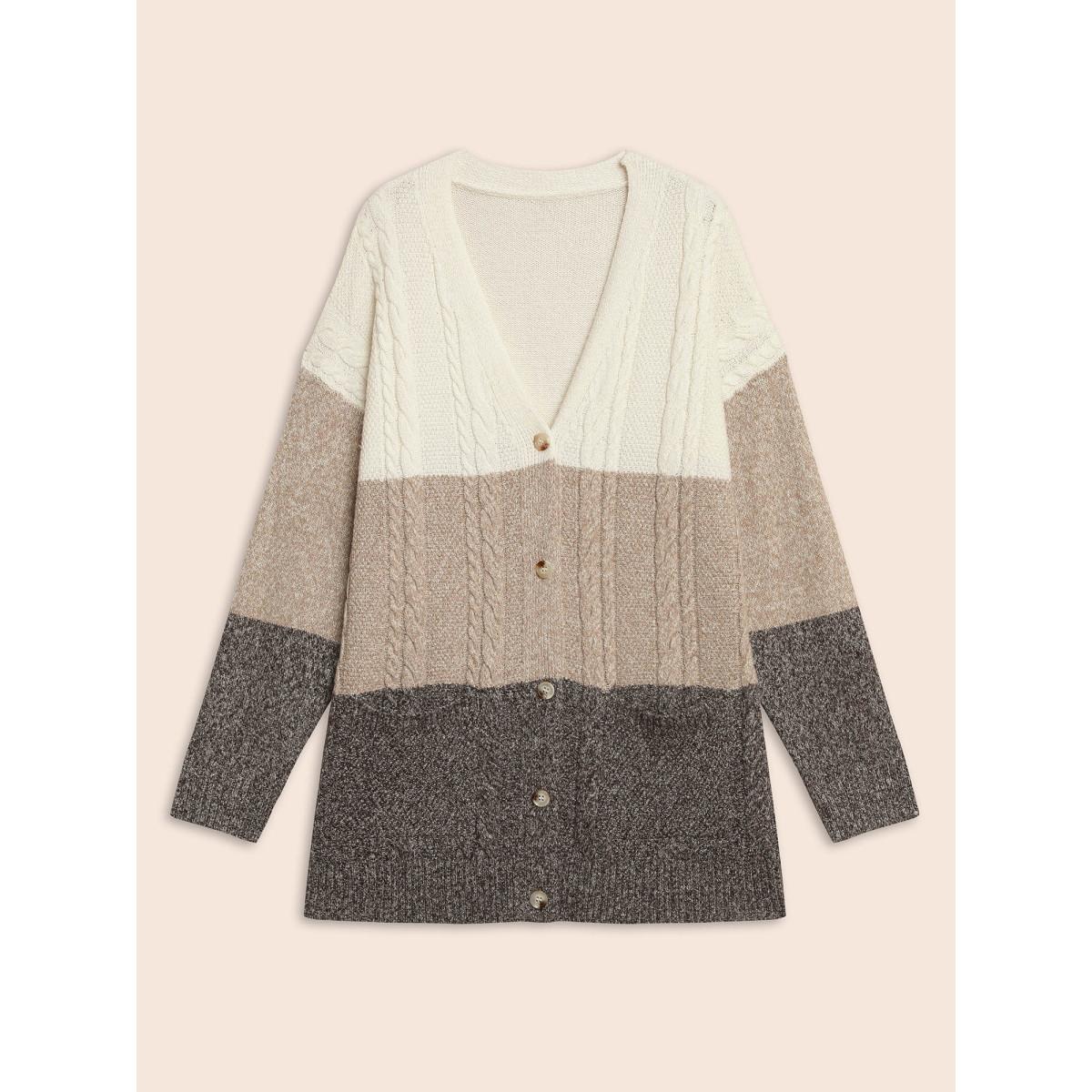 Plus Size Colorblock Contrast Cable Knit Cardigan Browncoffeecolor Women Casual Loose Long Sleeve Everyday Cardigans BloomChic 30/6X Product Image
