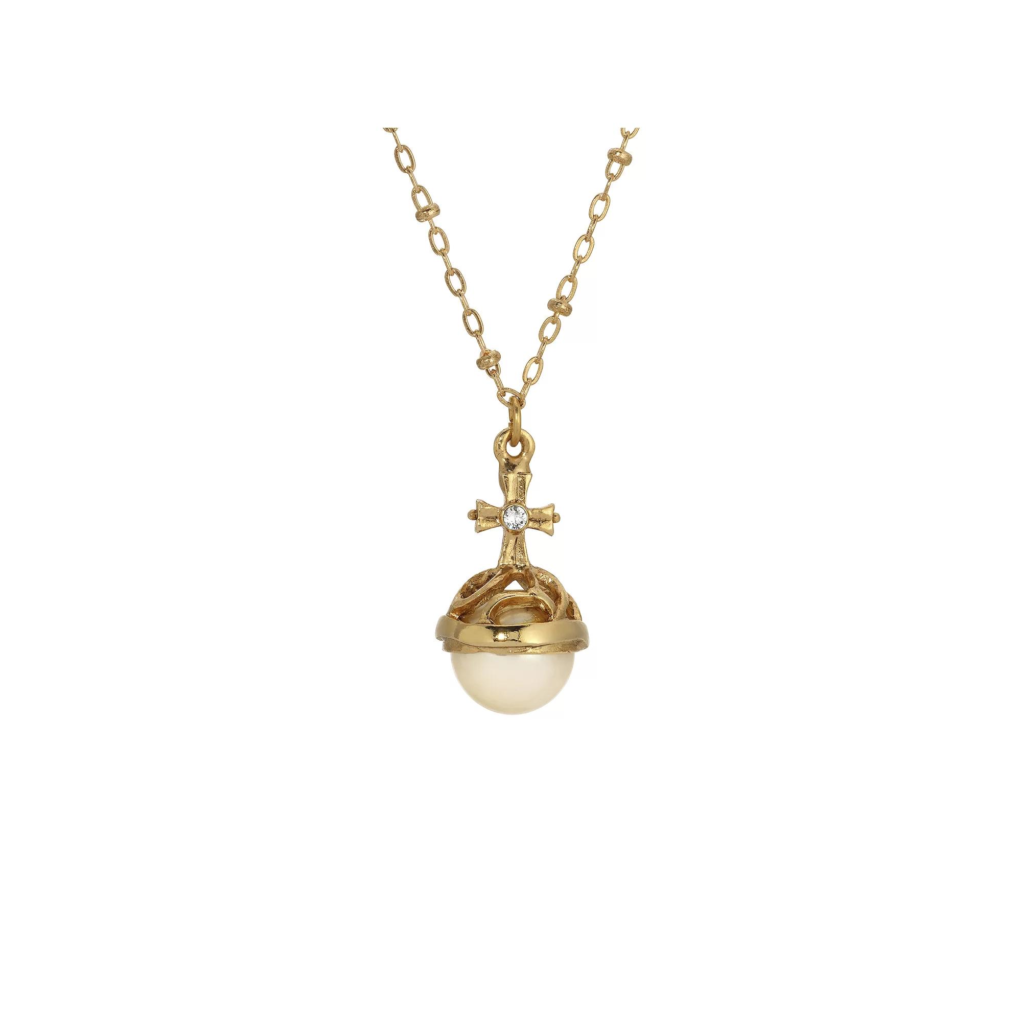 Symbols of Faith Round Stone Crystal Cross Necklace, Womens, Gold White Product Image