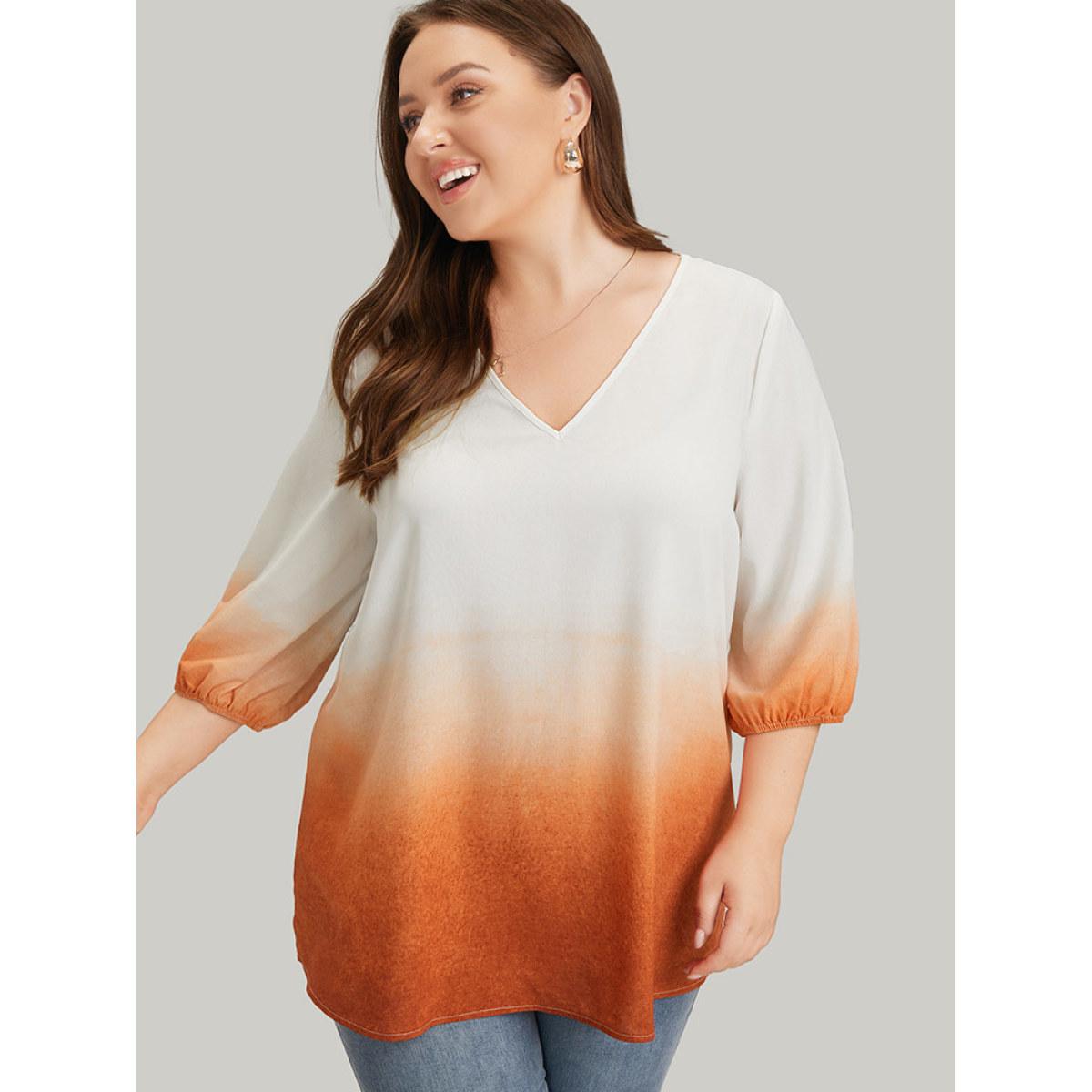 Plus Size Orange Ombre Printed Lantern Sleeve Blouse Women Vacation Elbow-length sleeve V-neck Dailywear Blouses BloomChic 10/M Product Image