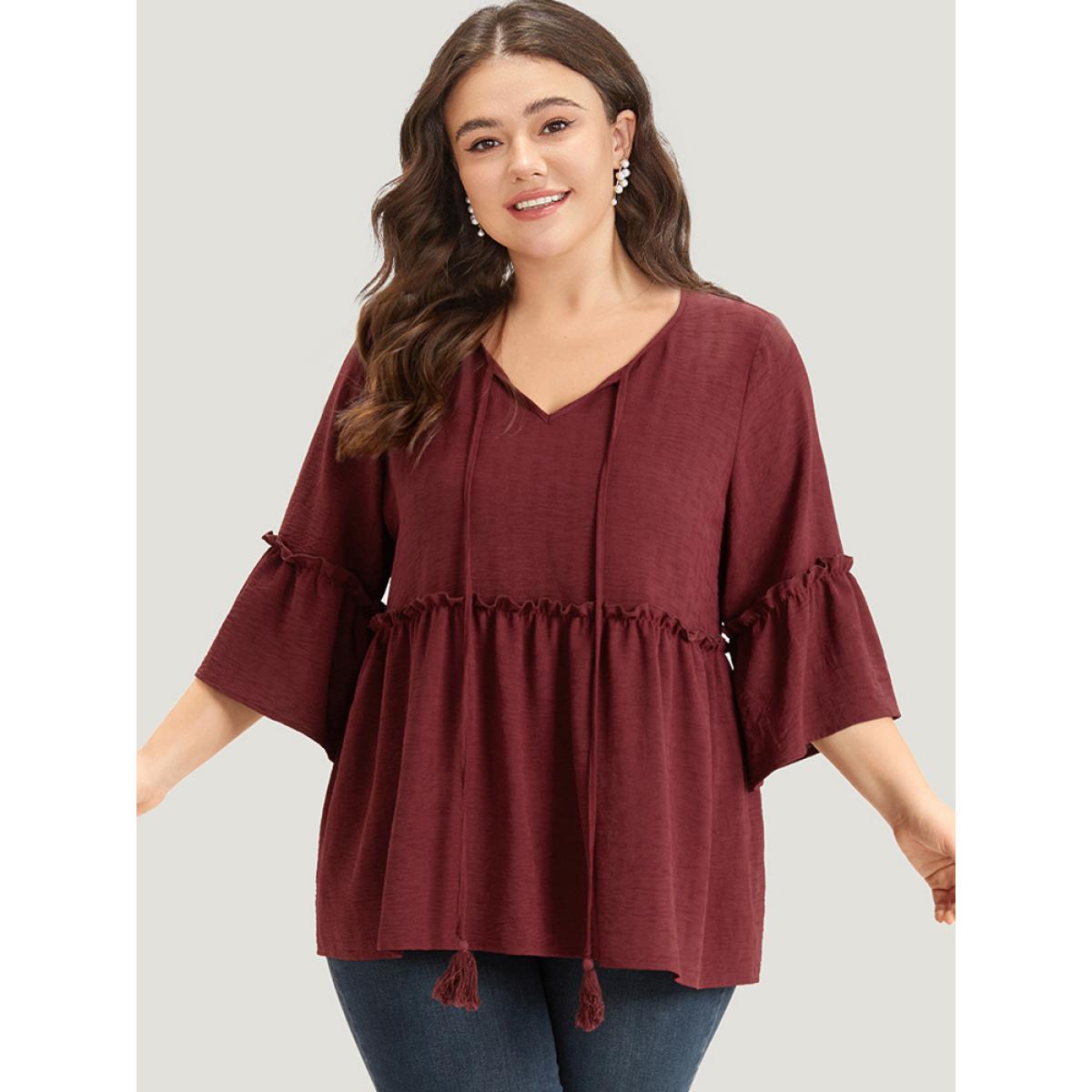 Plus Size Scarlet Plain V Neck Frill Trim Tassel Bell Hem Blouse Women Vacation Elbow-length sleeve V-neck Dailywear Blouses BloomChic 22-24/3X Product Image