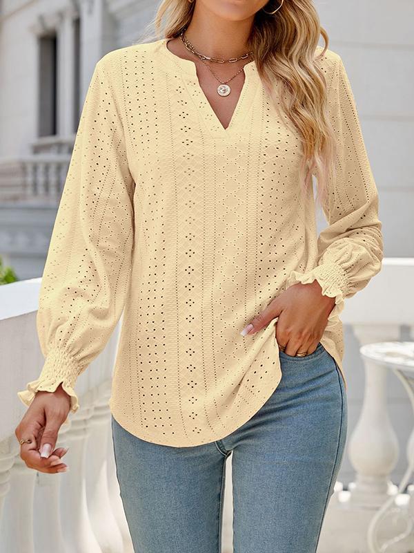 Long Sleeves Loose Elasticity Hollow Solid Color V-Neck T-Shirts Tops Product Image