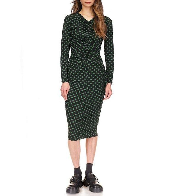 Michael Kors Dotted Long Sleeve Ruched Midi Sheath Dress Product Image