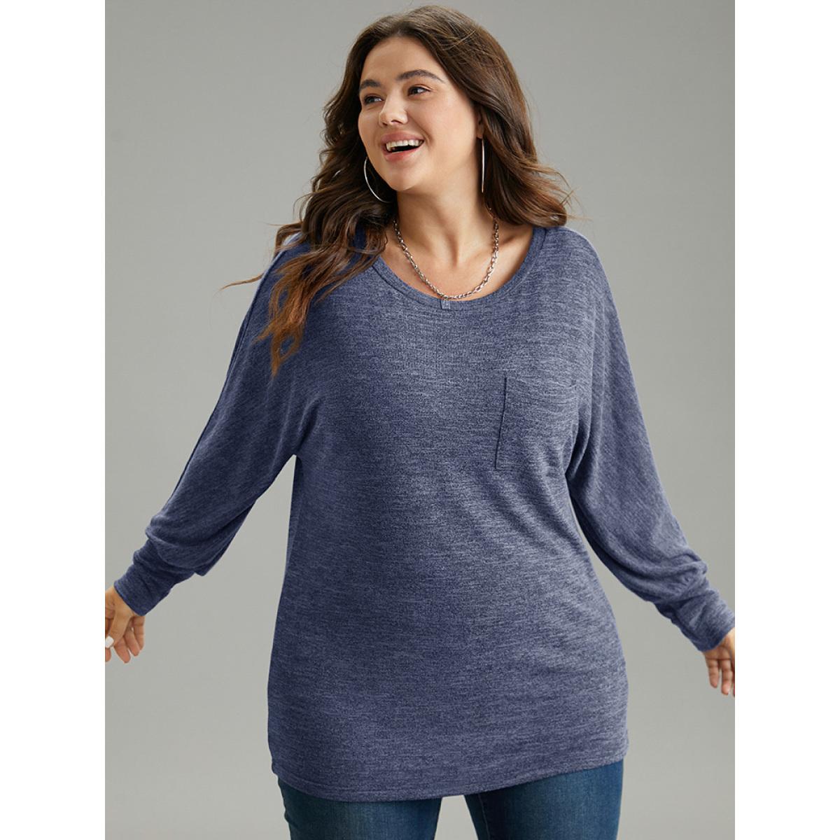 Plus Size Plain Heather Patched Pocket Dolman Sleeve T-shirt Blue Women Casual Plain Plain Round Neck Dailywear T-shirts BloomChic 10/M Product Image