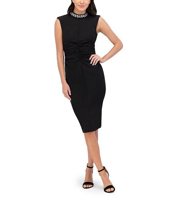 Eliza J Laguna Crepe Beaded Mock Neck Sleeveless Ruched Midi Dress Product Image