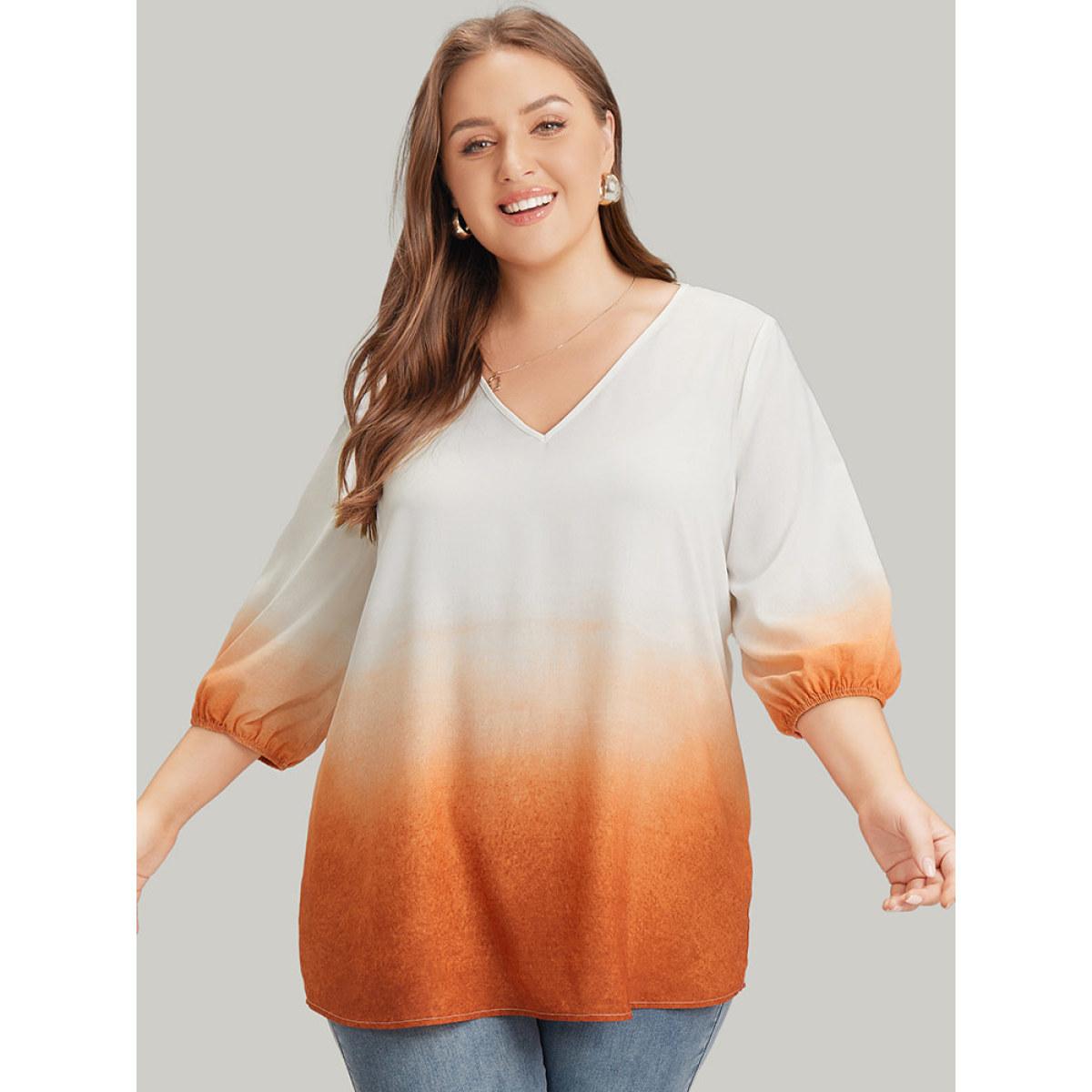Plus Size Orange Ombre Printed Lantern Sleeve Blouse Women Vacation Elbow-length sleeve V-neck Dailywear Blouses BloomChic 10/M Product Image