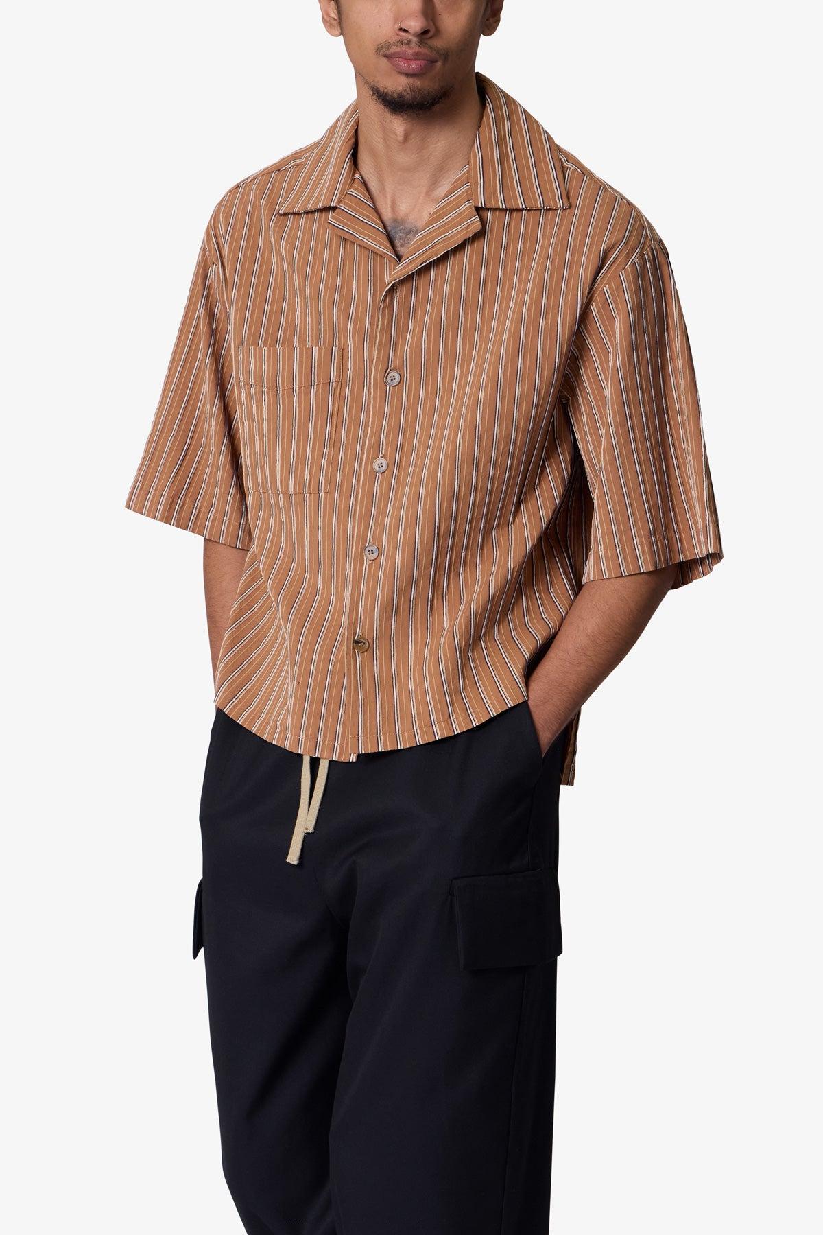 Striped Woven Cropped Shirt - Brown Product Image