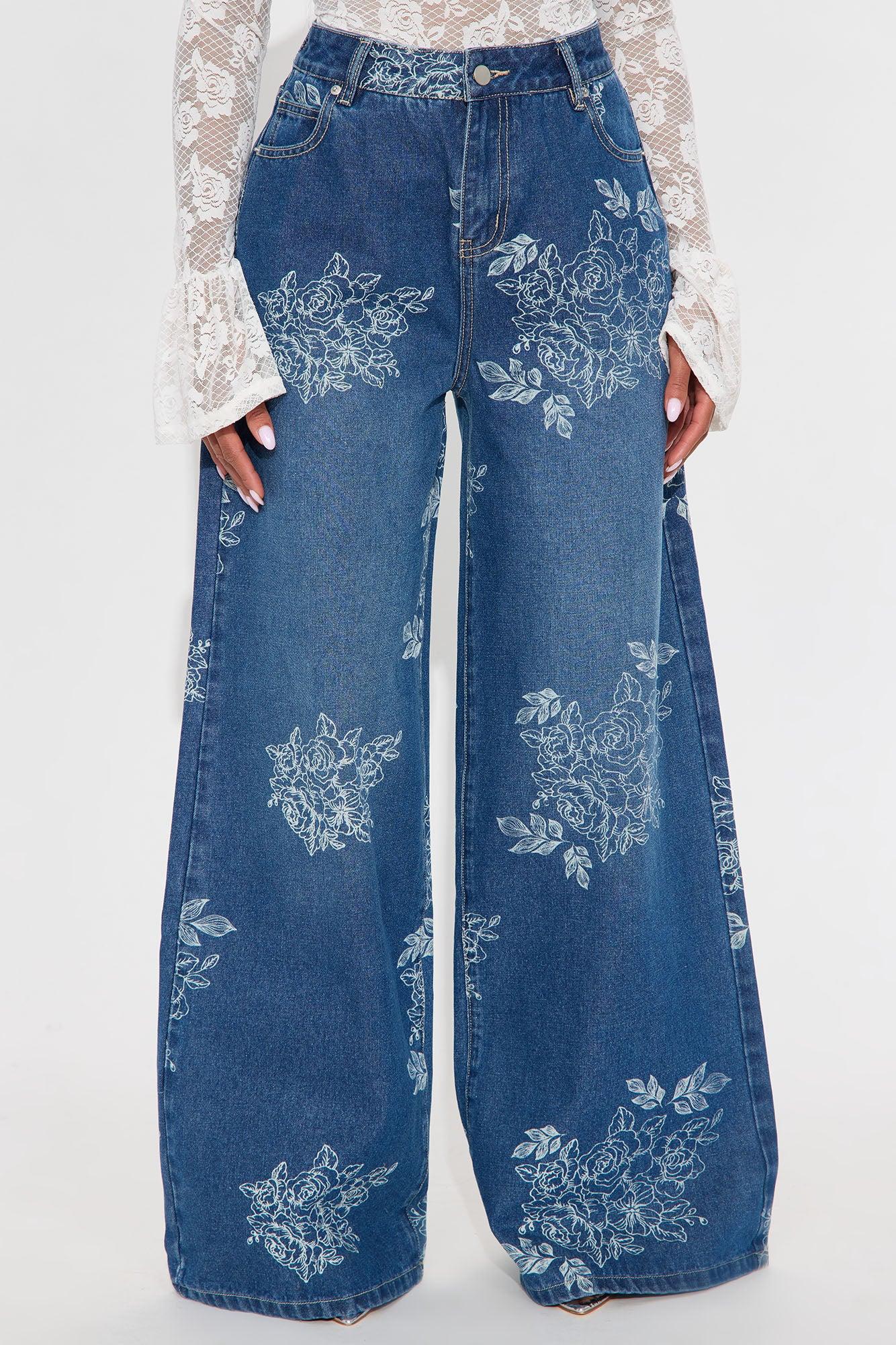 Rose Kiss Floral Print Wide Leg Jeans - Medium Wash Female Product Image