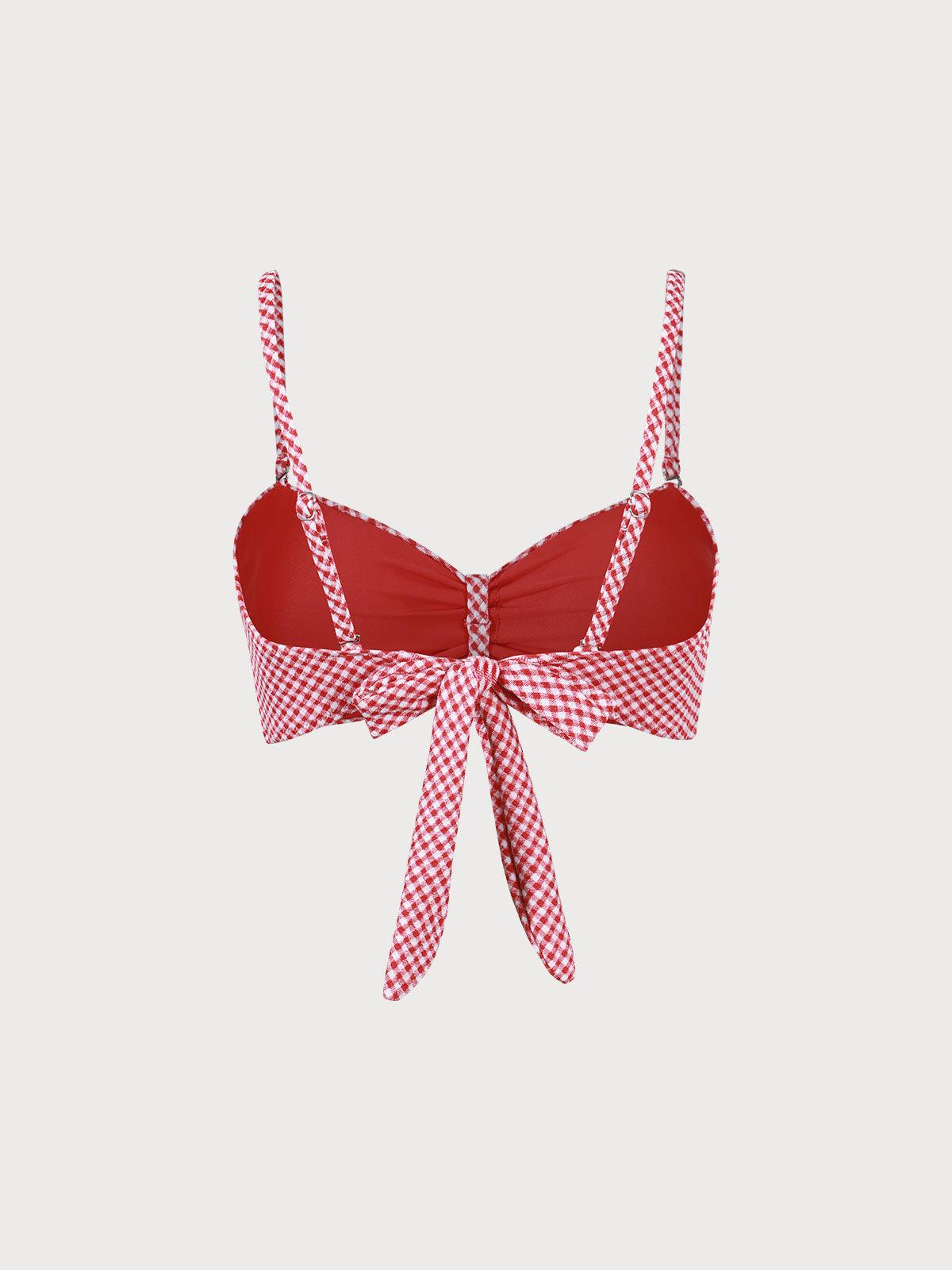 The Red Plaid Ruched Bikini Top Product Image