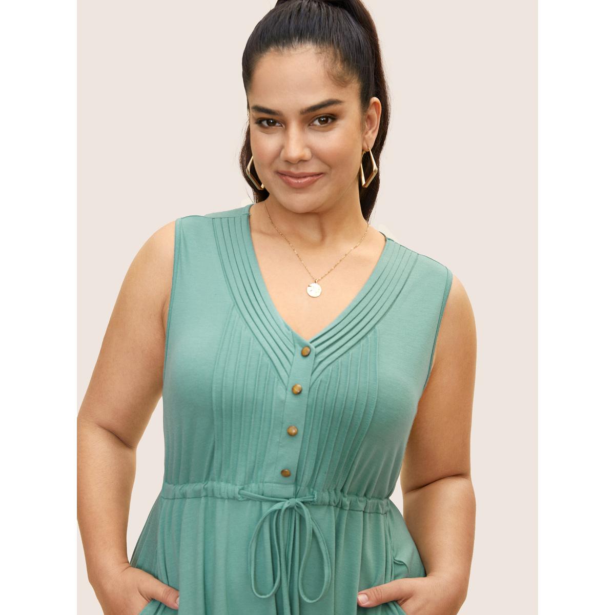 Plus Size V Neck Drawstring Button Detail Pleated Dress Mint Women Casual Pleated V-neck Sleeveless Curvy BloomChic 14-16/1X Product Image