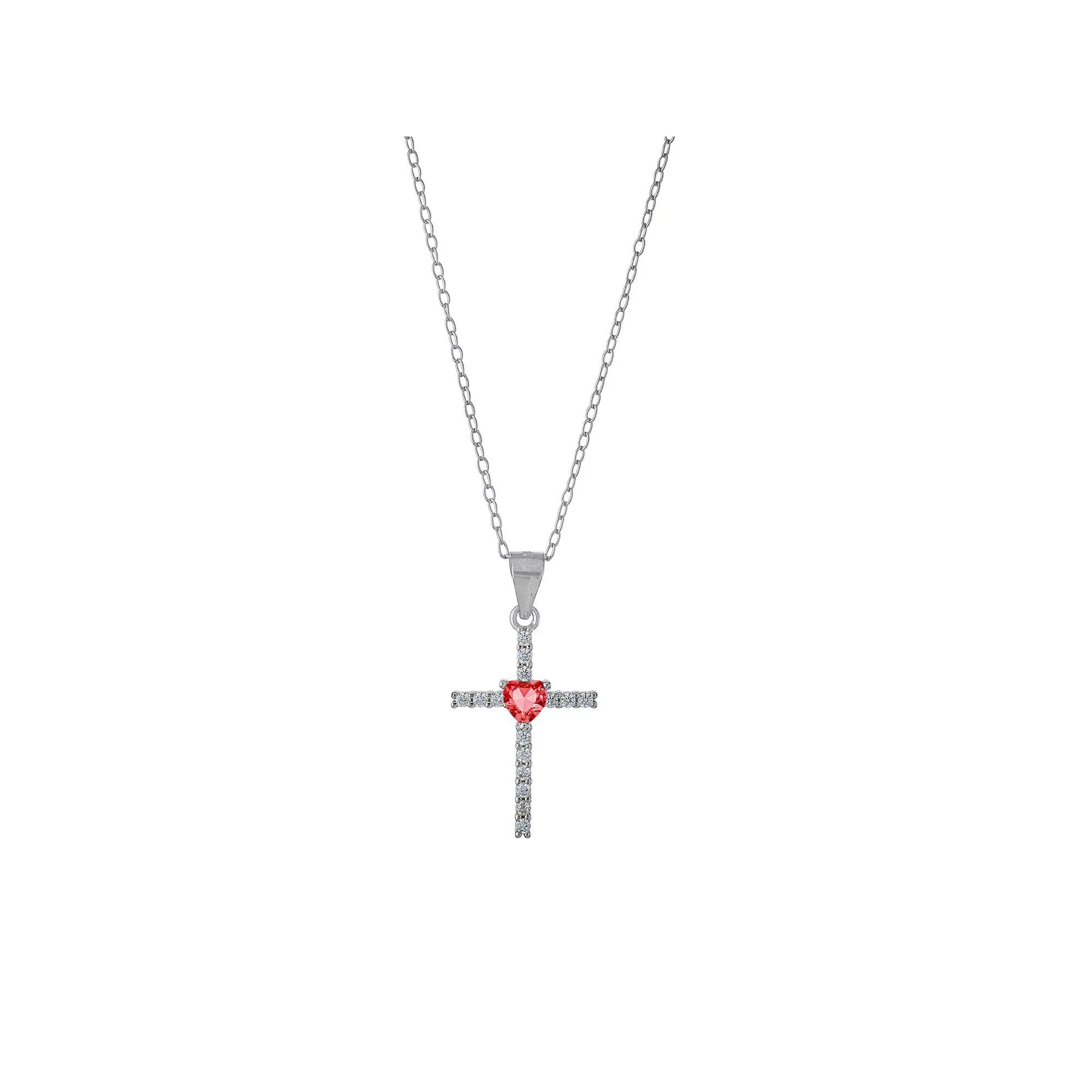 Main and Sterling Sterling Silver Cubic Zirconia Cross & Colored Glass Heart Necklace, Women's, Size: 18", Sterling Red Product Image