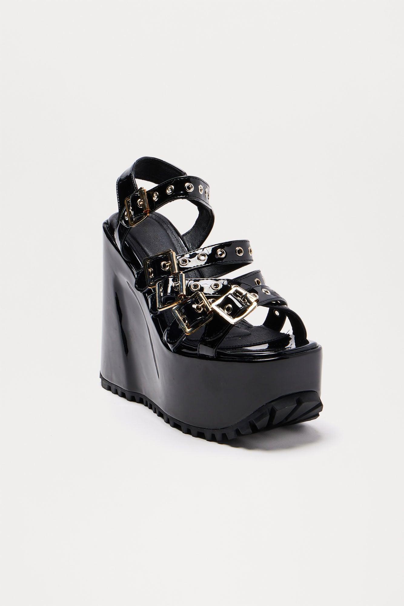 Mikey Buckle Platform Wedges - Black Female Product Image