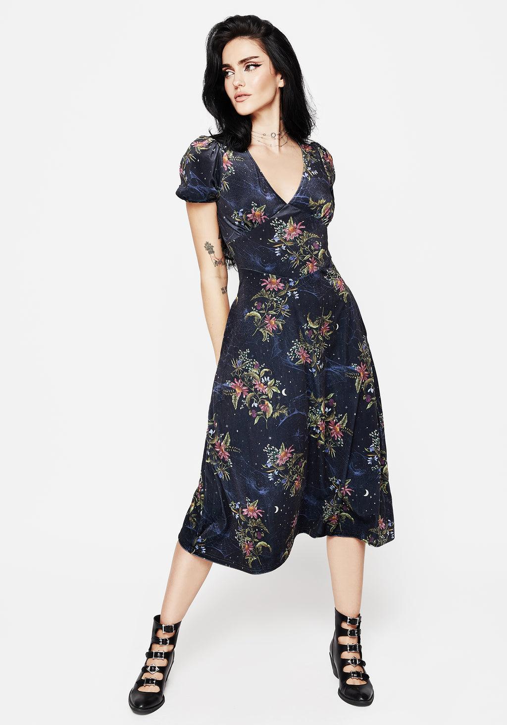 Cleome Floral Spiderweb Velour Corset Midi Dress Product Image