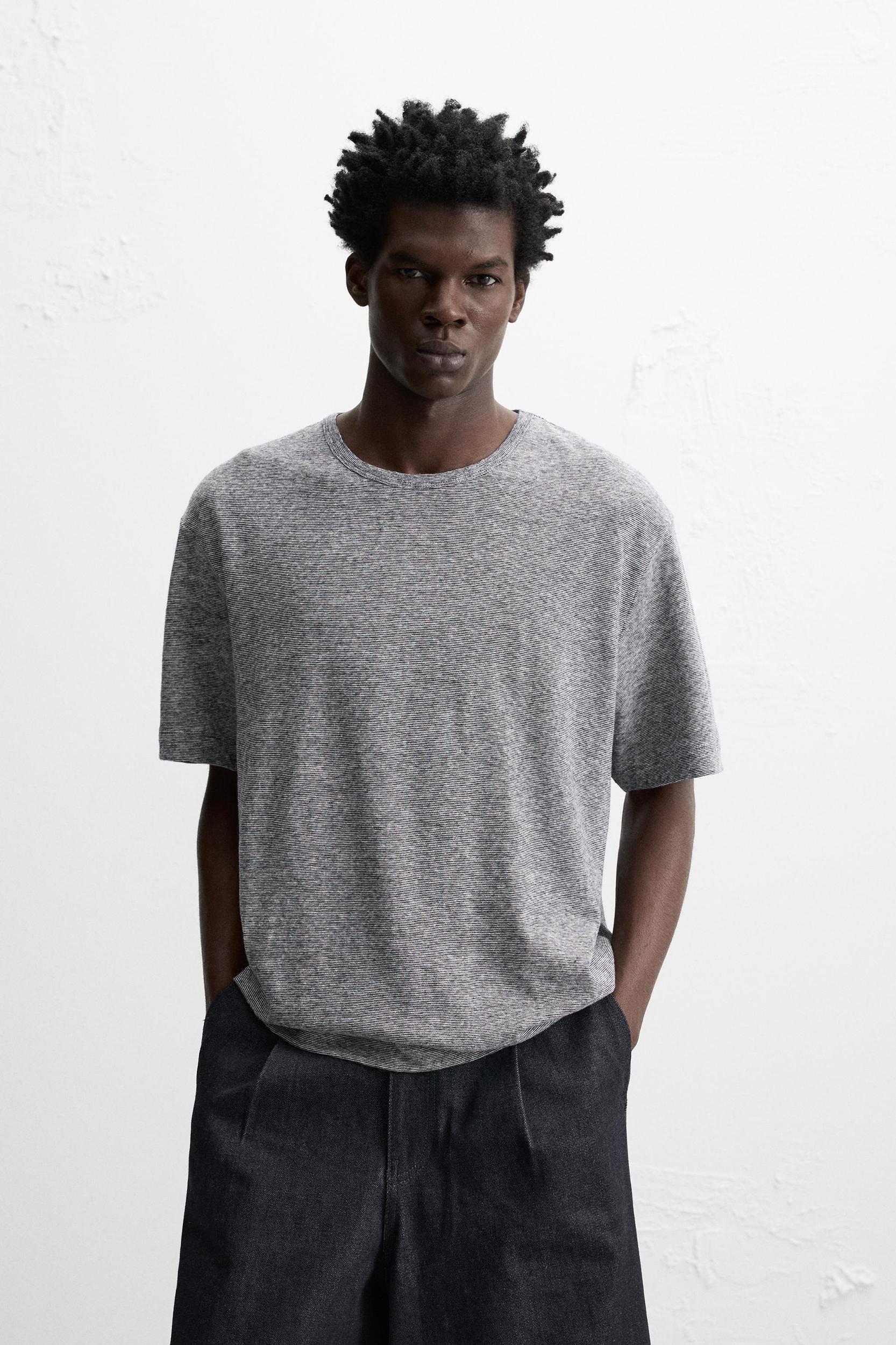 STRIPED COTTON LINEN BLEND T-SHIRT Product Image