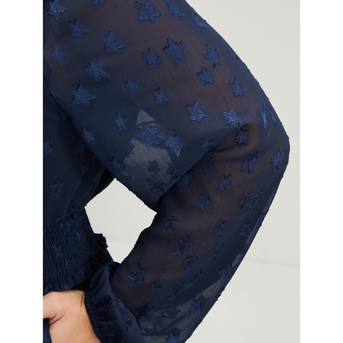 Plus Size Star Print Pocket Lantern Sleeve Shirred Chiffon Dress Navy Women Glamour Elastic Waist V-neck Long Sleeve Curvy Knee Dress BloomChic 30/6X Product Image