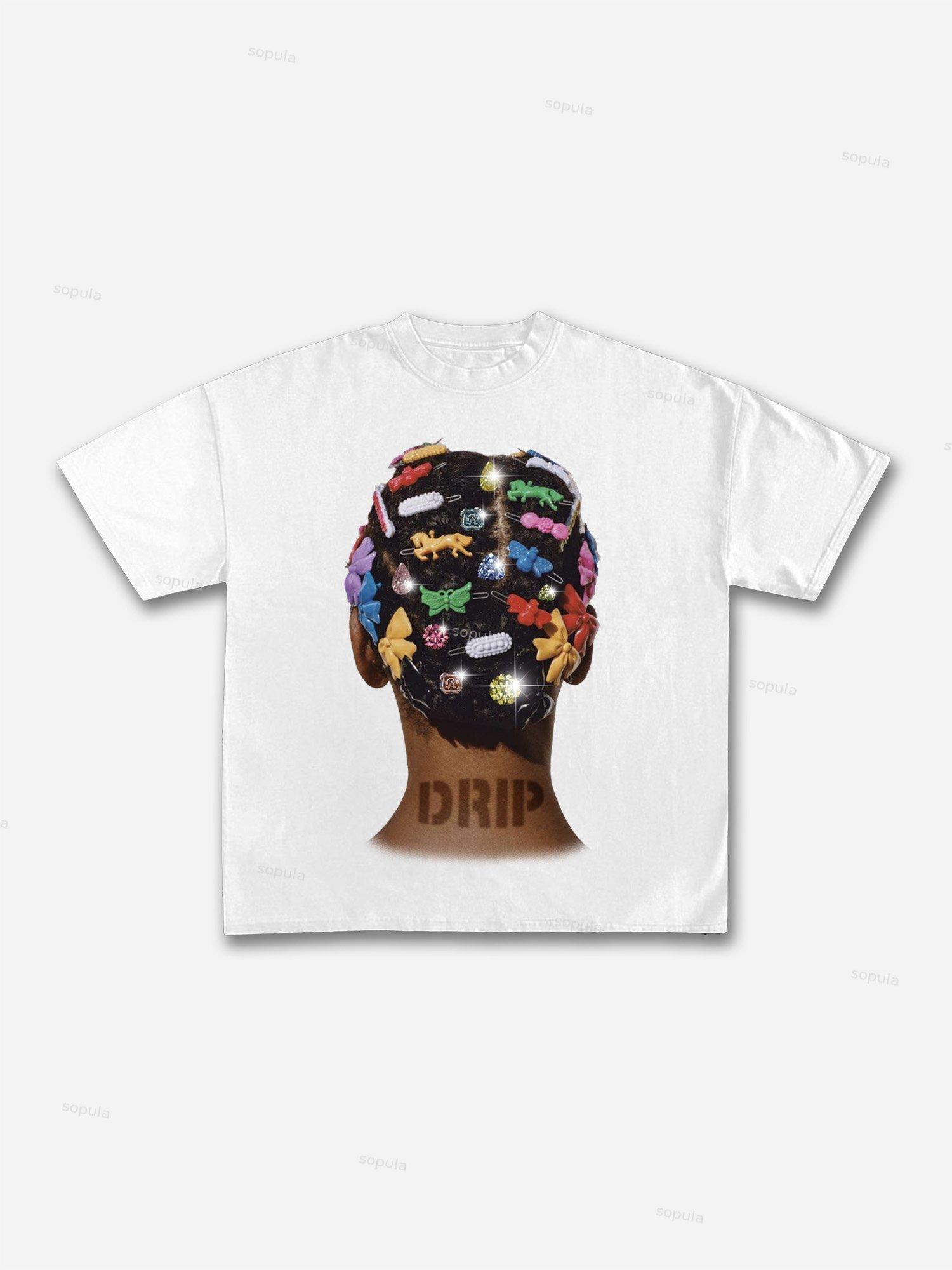 'drip' Colorful Hair Cards Diamond Headdress Graphic Cotton T-shirt Product Image