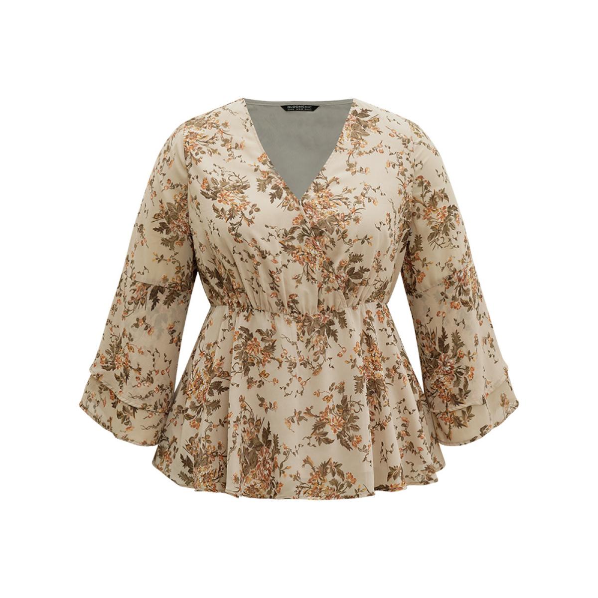Plus Size Apricot Floral Wrap Tiered Ruffles Bell Sleeve Blouse Women Elegant Long Sleeve V-neck Everyday Blouses BloomChic 14-16/1X Product Image
