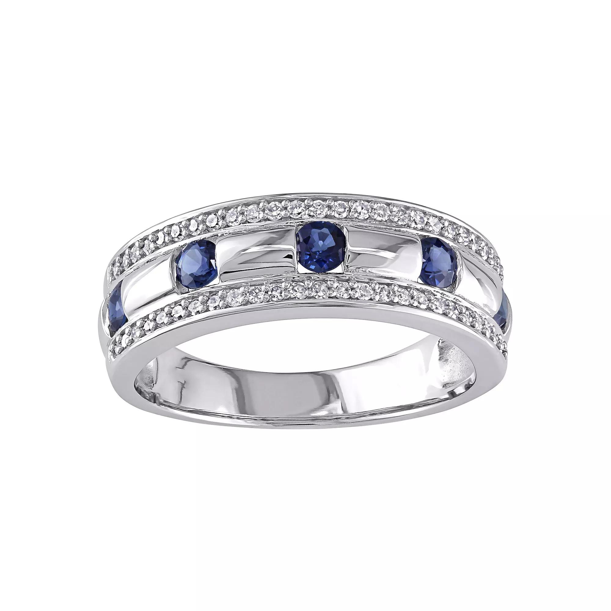 Stella Grace Men's 10k White Gold Sapphire & 1/4 Carat T.W. Diamond Wedding Band, 10k Whgold Product Image