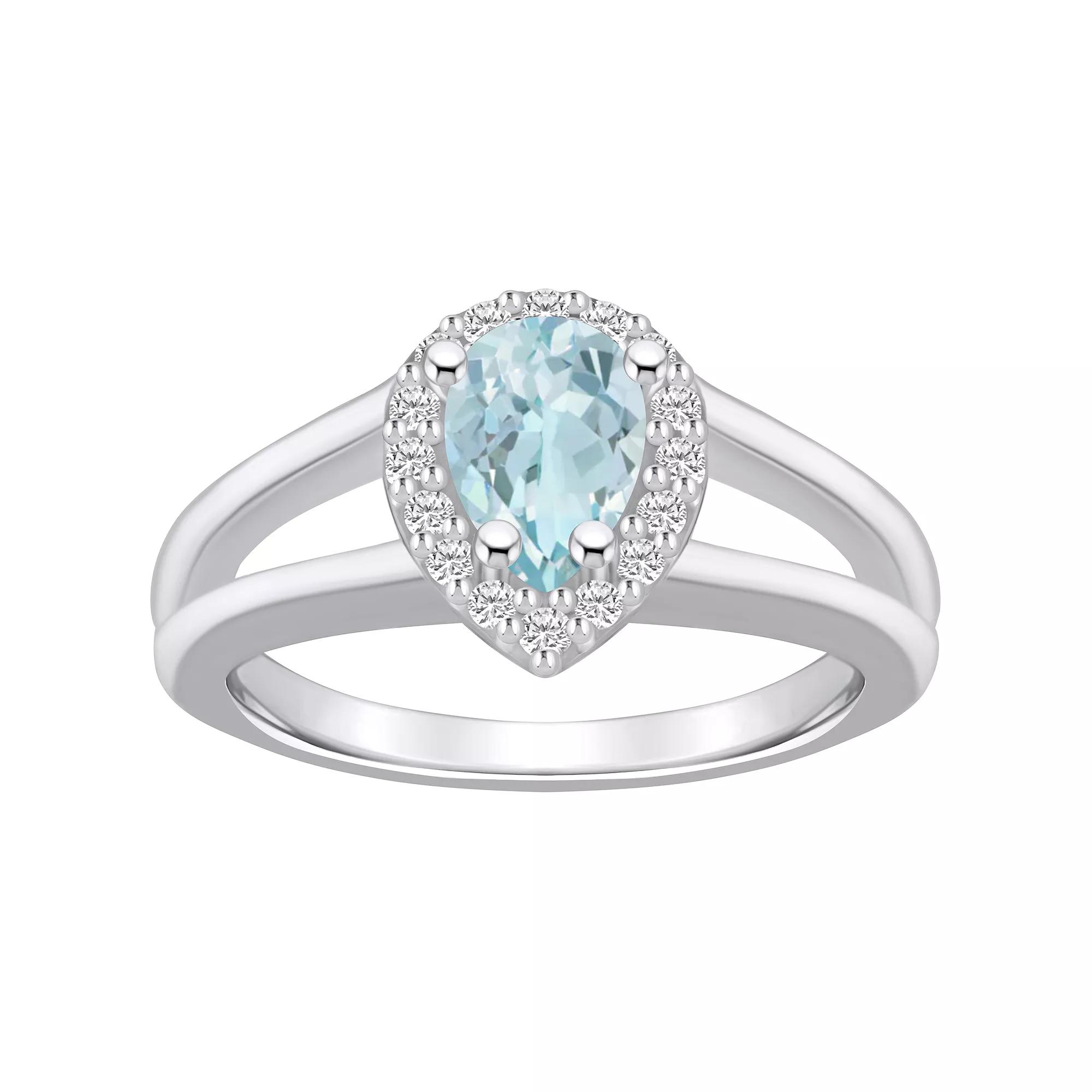 Alyson Layne 10k White Gold Pear Shape Gemstone 1/6 Carat T.W. Diamond Halo Ring, Women's, Size: 7, Aquamarine Product Image