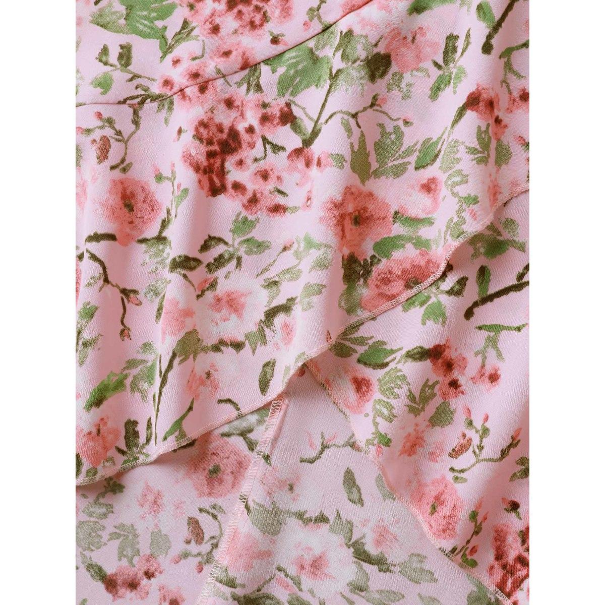 Plus Size Floral Print Wrap One-Shoulder Midi Dress Lightpink Women V-neck Cap Sleeve Curvy BloomChic 10/M Product Image