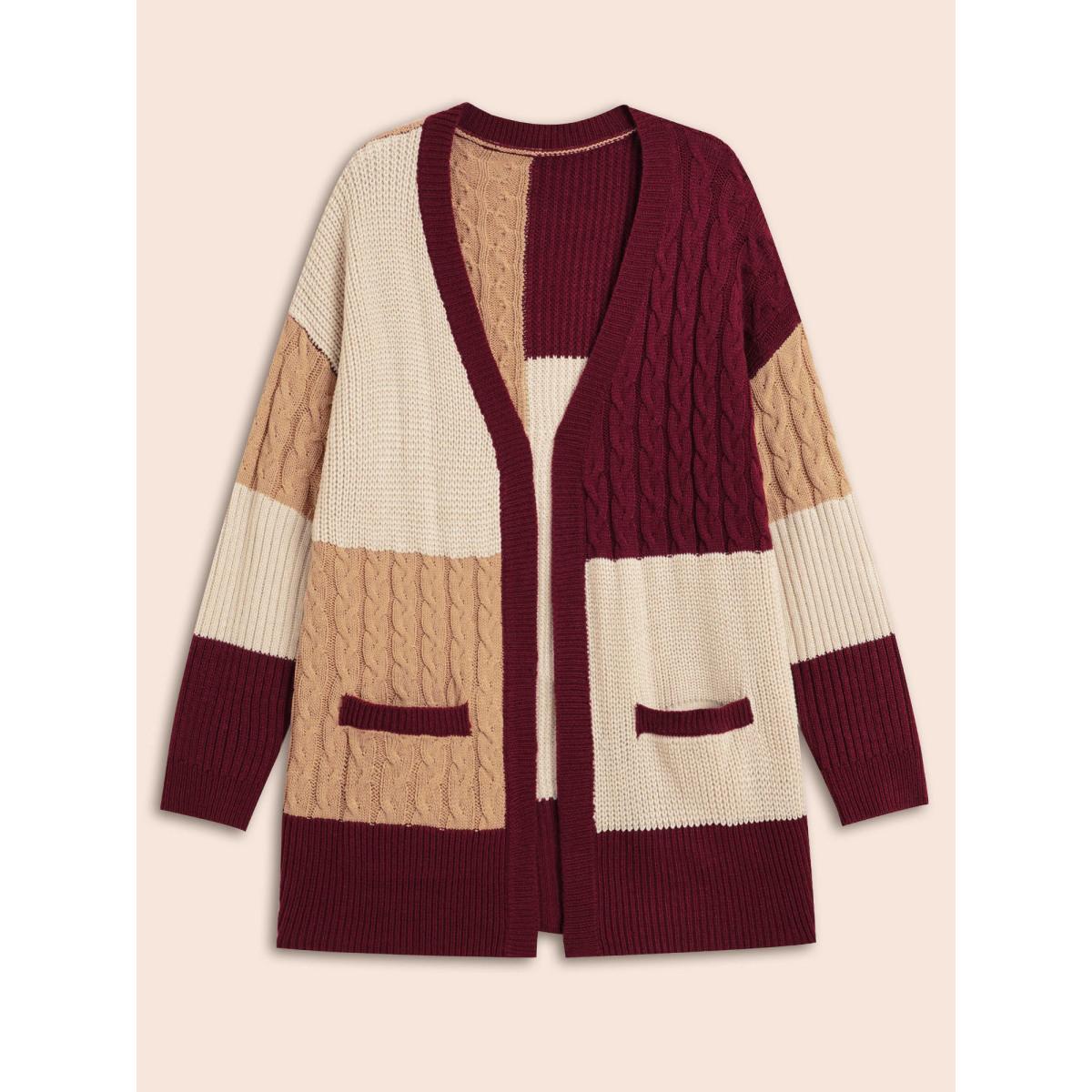 Plus Size Colorblock Contrast Cable Knit Pocket Cardigan Maroon Women Casual Loose Long Sleeve Everyday Cardigans BloomChic 28/5X Product Image