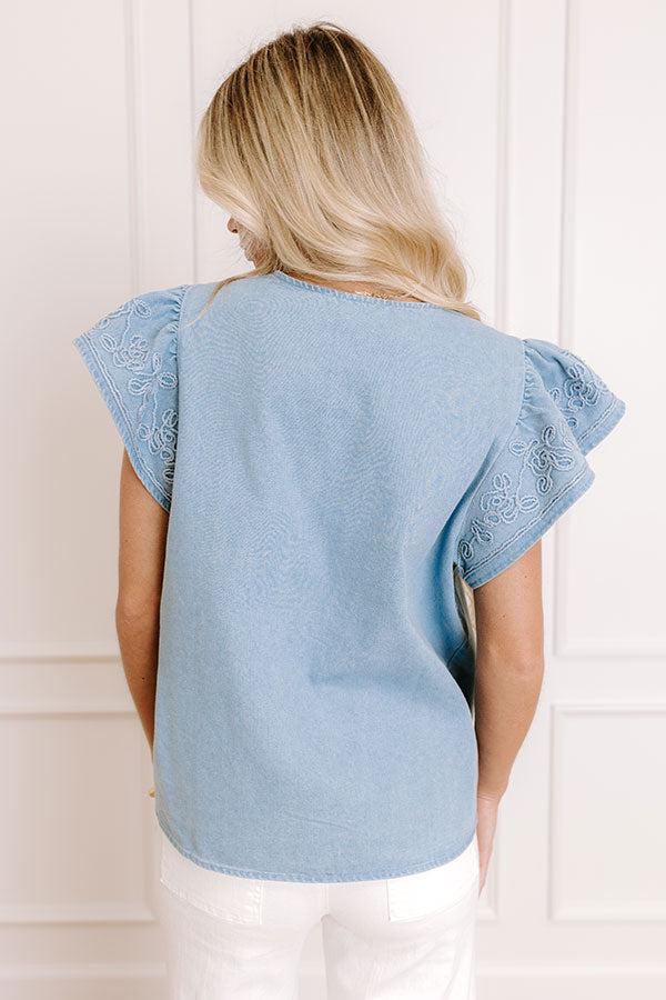 Farmers Market Cutie Embroidered Chambray Top in Light Wash Product Image