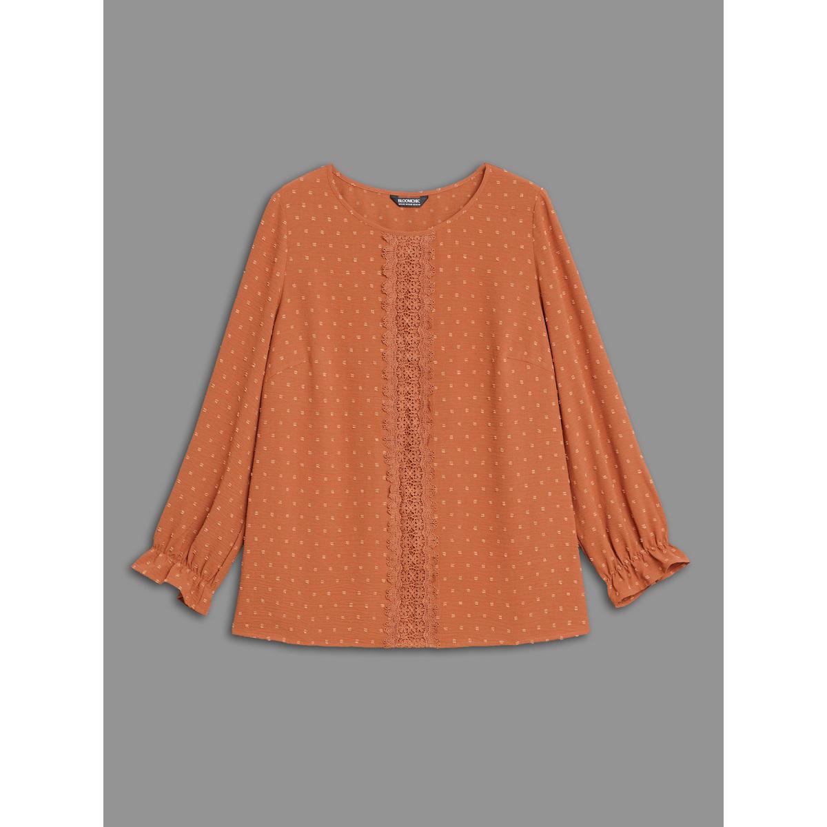 Plus Size Rust Textured Lace Panel Lantern Sleeve Blouse Women Elegant Long Sleeve Round Neck Everyday Blouses BloomChic 30/6X Product Image