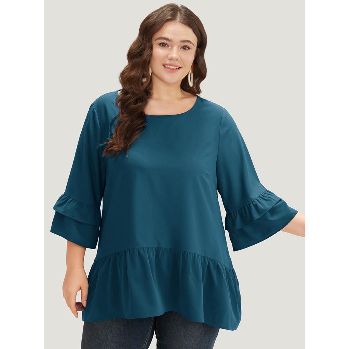 Plus Size Cyan Anti-Wrinkle Plain Ruffle Layered Sleeve Crew Neck Blouse Women Office Half Sleeve Round Neck Work Blouses BloomChic 14-16/1X Product Image