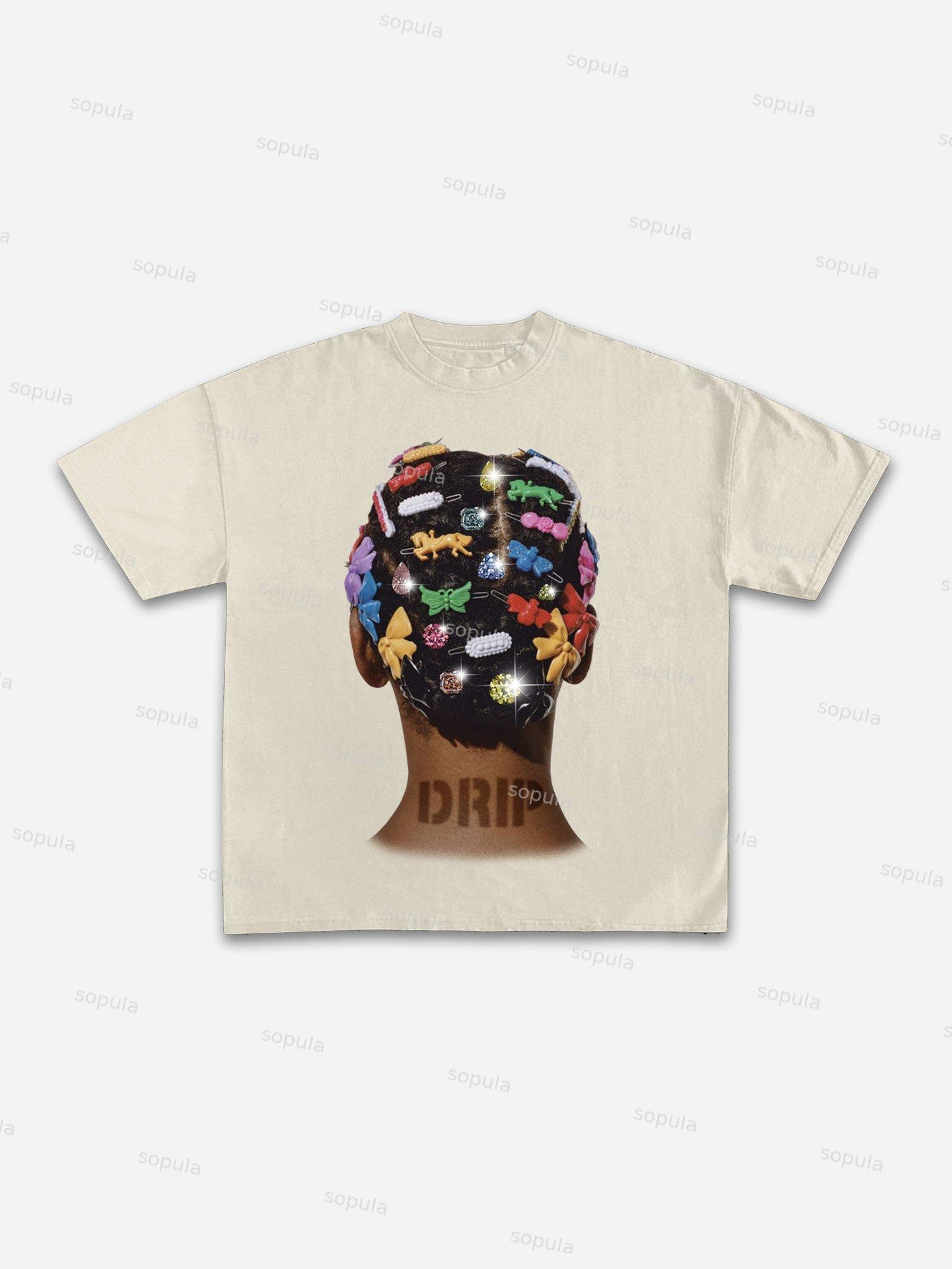 'drip' Colorful Hair Cards Diamond Headdress Graphic Cotton T-shirt Product Image