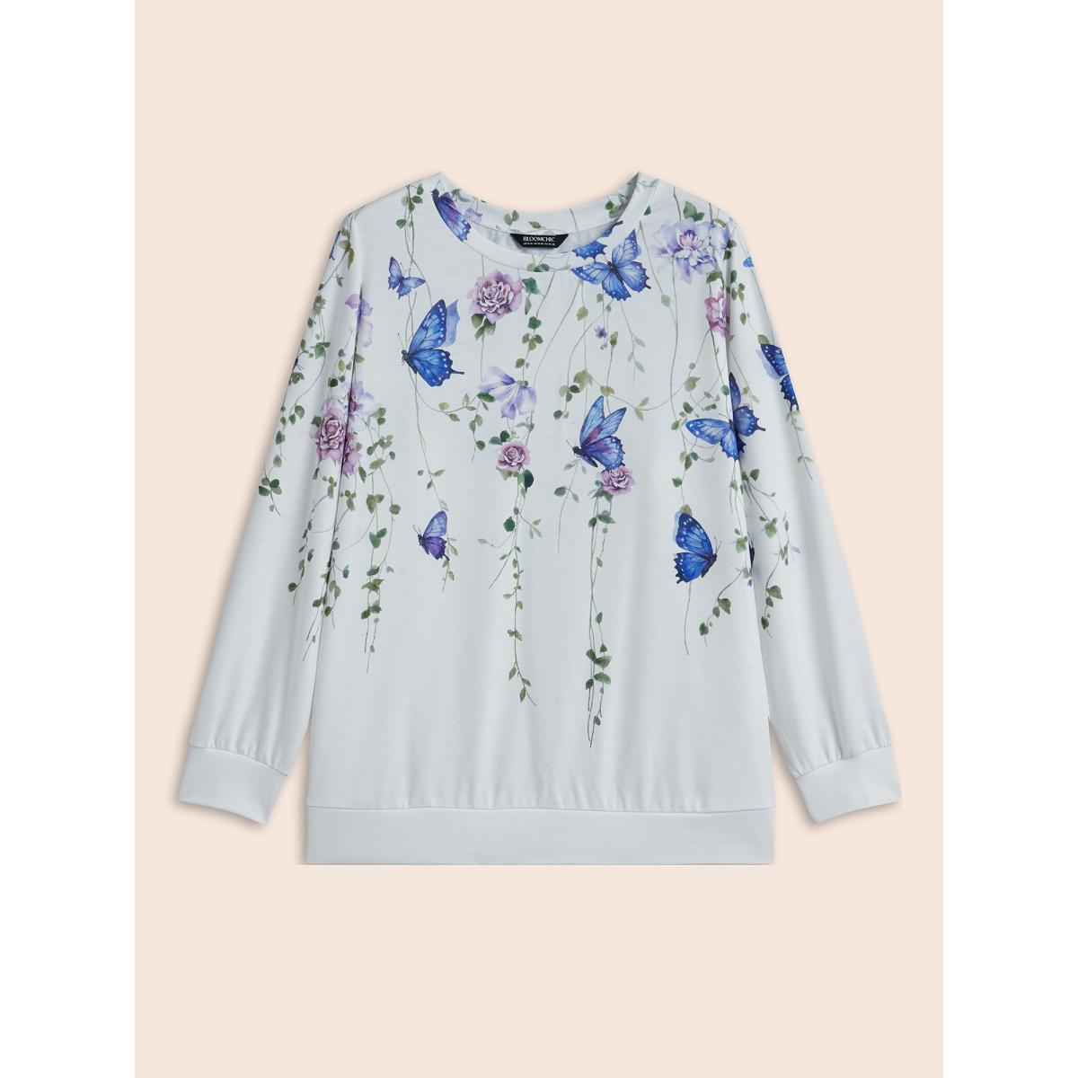 Plus Size Butterfly Print Stretchy Round Neck Sweatshirt Women WhiteSmoke Elegant Non Round Neck Everyday Sweatshirts BloomChic 10/M Product Image
