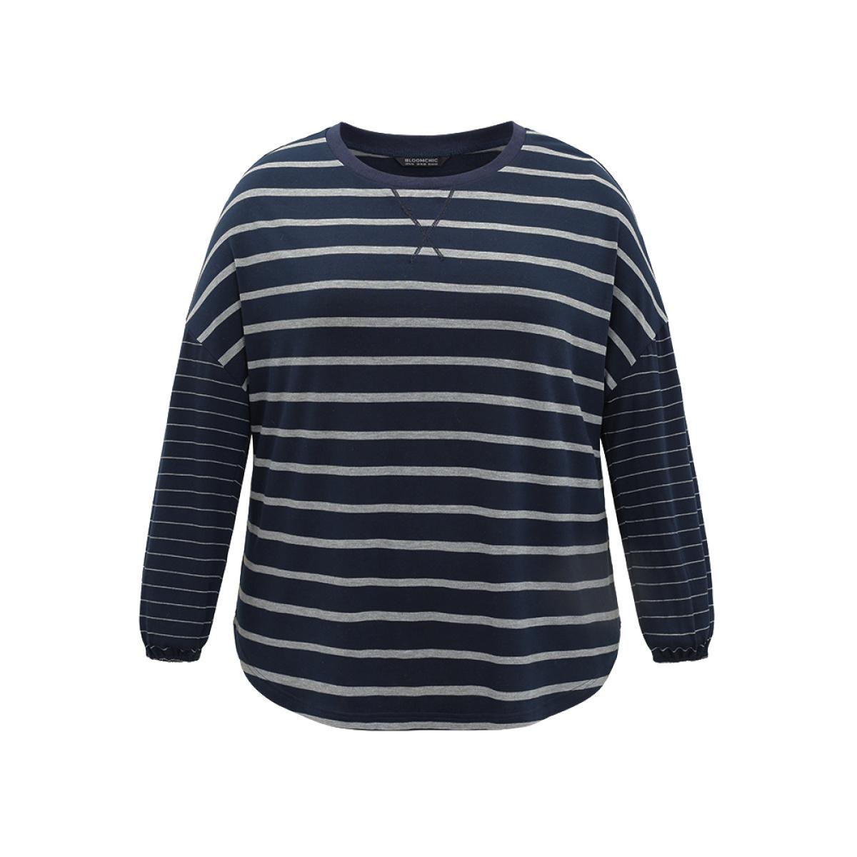 Plus Size Striped Patchwork Curved Hem Stitch T-shirt DarkBlue Women Casual Elastic cuffs Striped Round Neck Dailywear T-shirts BloomChic 18-20/2X Product Image