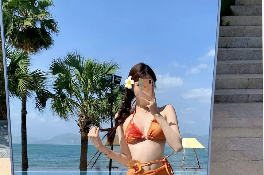 Set: Halter Floral Print Bikini Top + Bottom + Cover Up Skirt Product Image