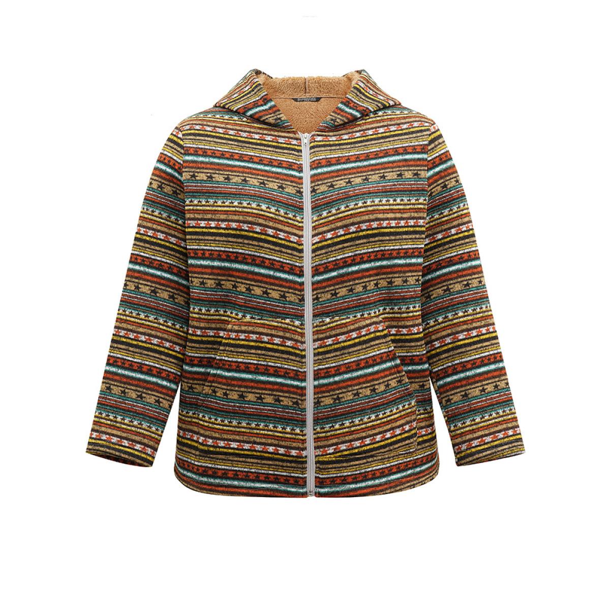 Plus Size Geometric Bandana Fluffy Hooded Zipper Jacket Women Bronze Contrast Pocket Dailywear Jackets BloomChic 10/M Product Image