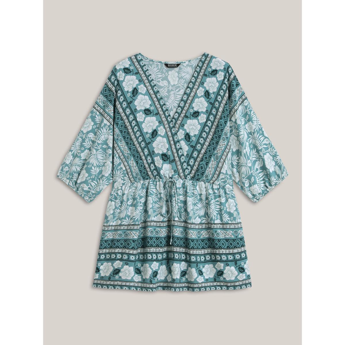 Plus Size Mint Floral Print Surplice Neck Waist-Cinched Shirt Women Boho Elbow-length sleeve Overlap Collar Vacation Blouses BloomChic 30/6X Product Image