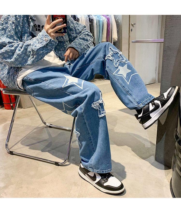 High Waist Star Applique Wide Leg Jeans Product Image