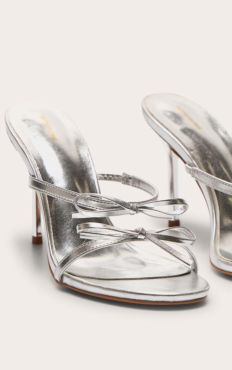 Silver Pu Round Toe Bow Strap High Stiletto Heeled Mules Product Image
