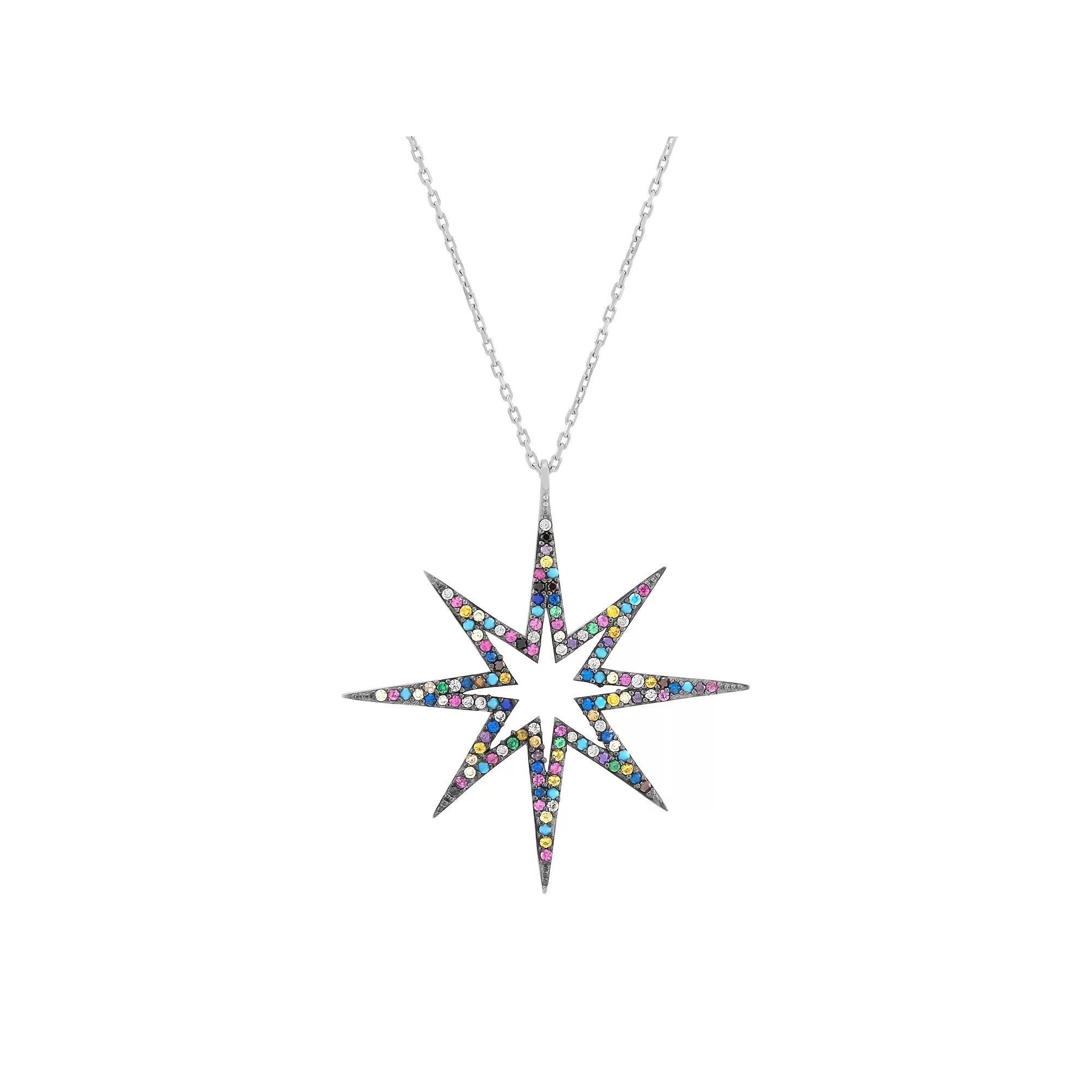 Sterling Silver Multi Color Cubic Zirconia Star Cable Chain Pendant Necklace, Womens Product Image