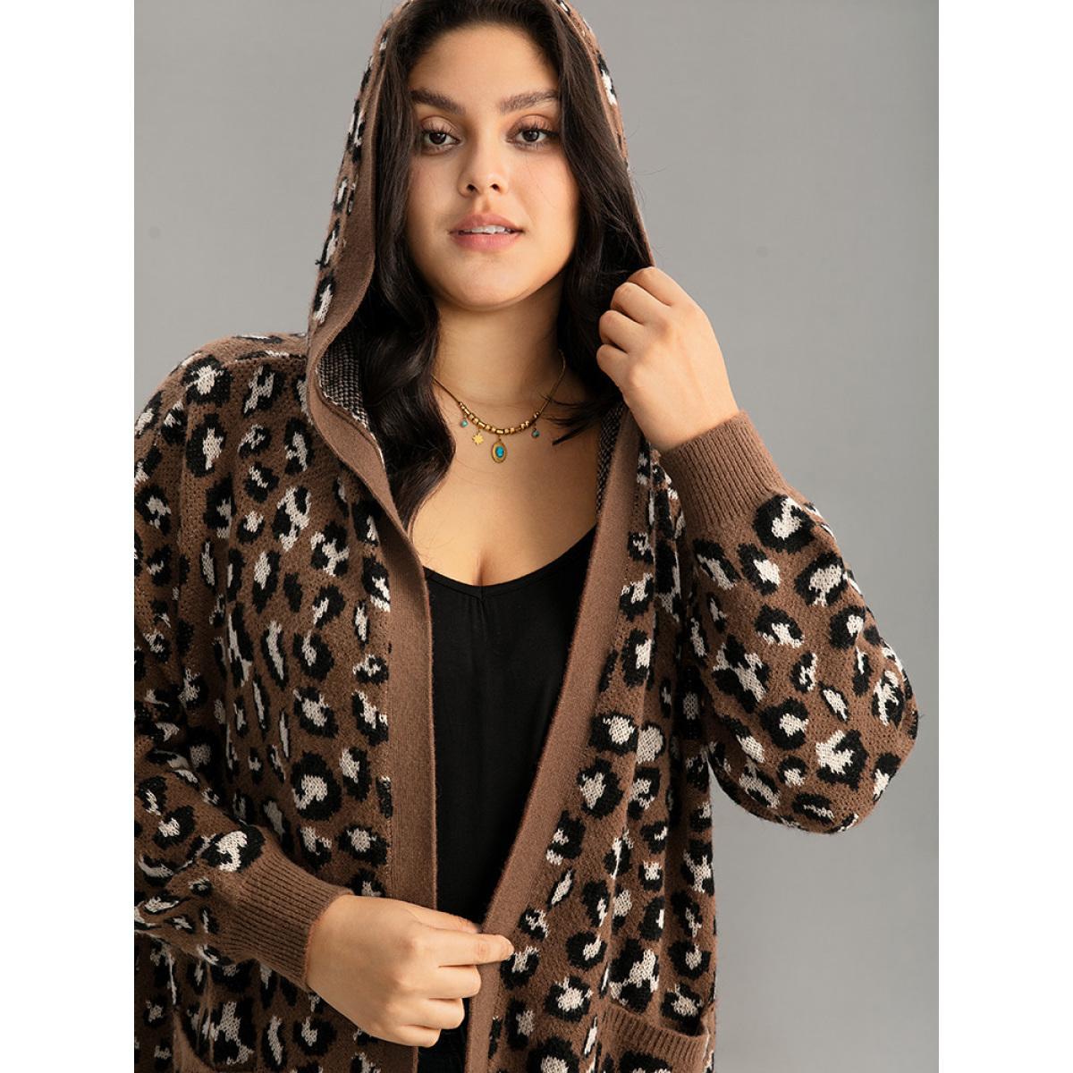 Plus Size Supersoft Essentials Leopard Hooded Pocket Cardigan DarkBrown Women Casual Loose Long Sleeve Dailywear Cardigans BloomChic 18-20/2X Product Image
