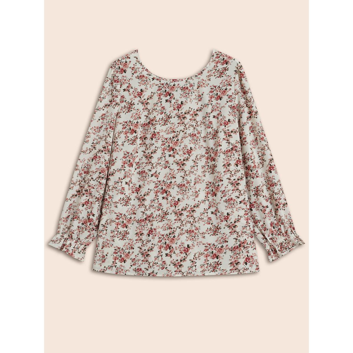 Plus Size Beige Back Lace Trim Ditsy Floral Print Blouse Women Elegant Long Sleeve Round Neck Everyday Blouses BloomChic 18-20/2X Product Image