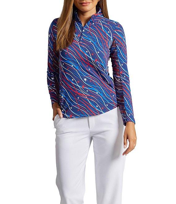 IBKUL Patriotic Confetti Print Zip Mock Neck Long Sleeve Pullover Product Image