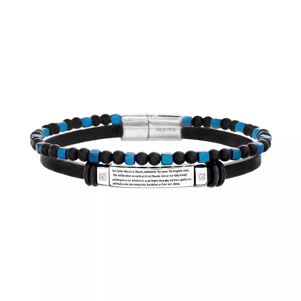 Mens Leather Stainless Steel Beaded The Lords Prayer Double Row Bracelet Silver Tone Product Image