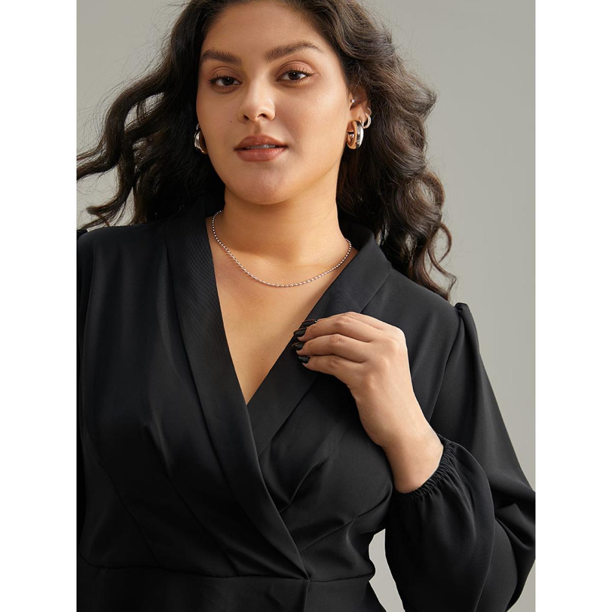 Plus Size Black Static-Free Plain Pleated Wrap Blouse Women Office Long Sleeve V-neck Dailywear Blouses BloomChic 28/5X Product Image
