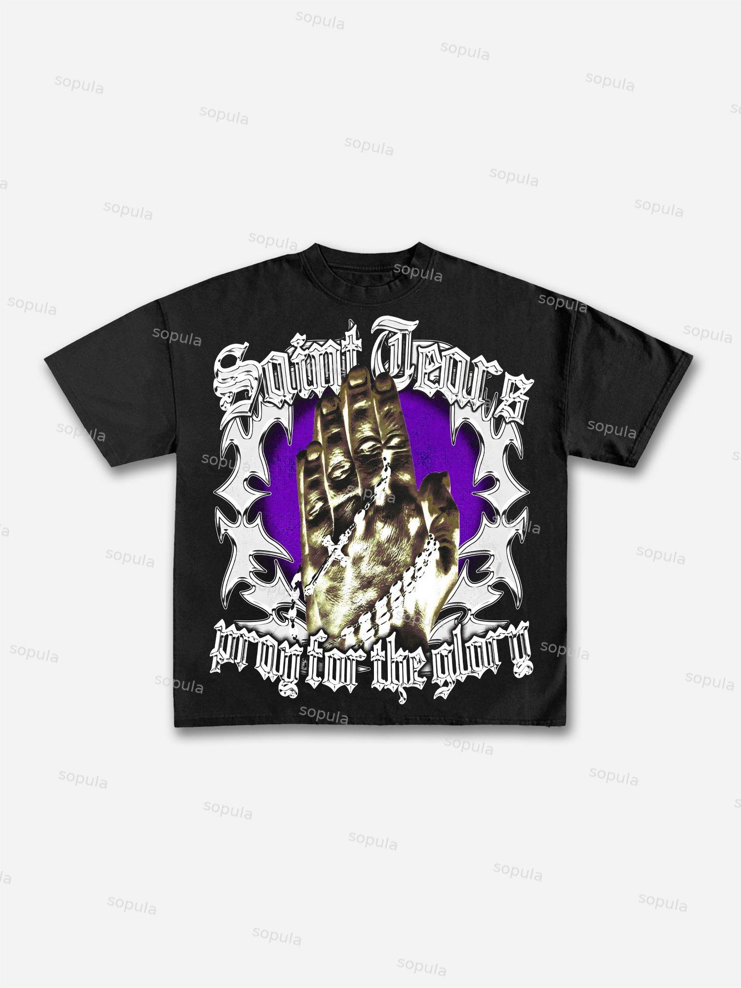 Vintage Pray For The Glory Graphic Print Casual Cotton T-shirt Product Image