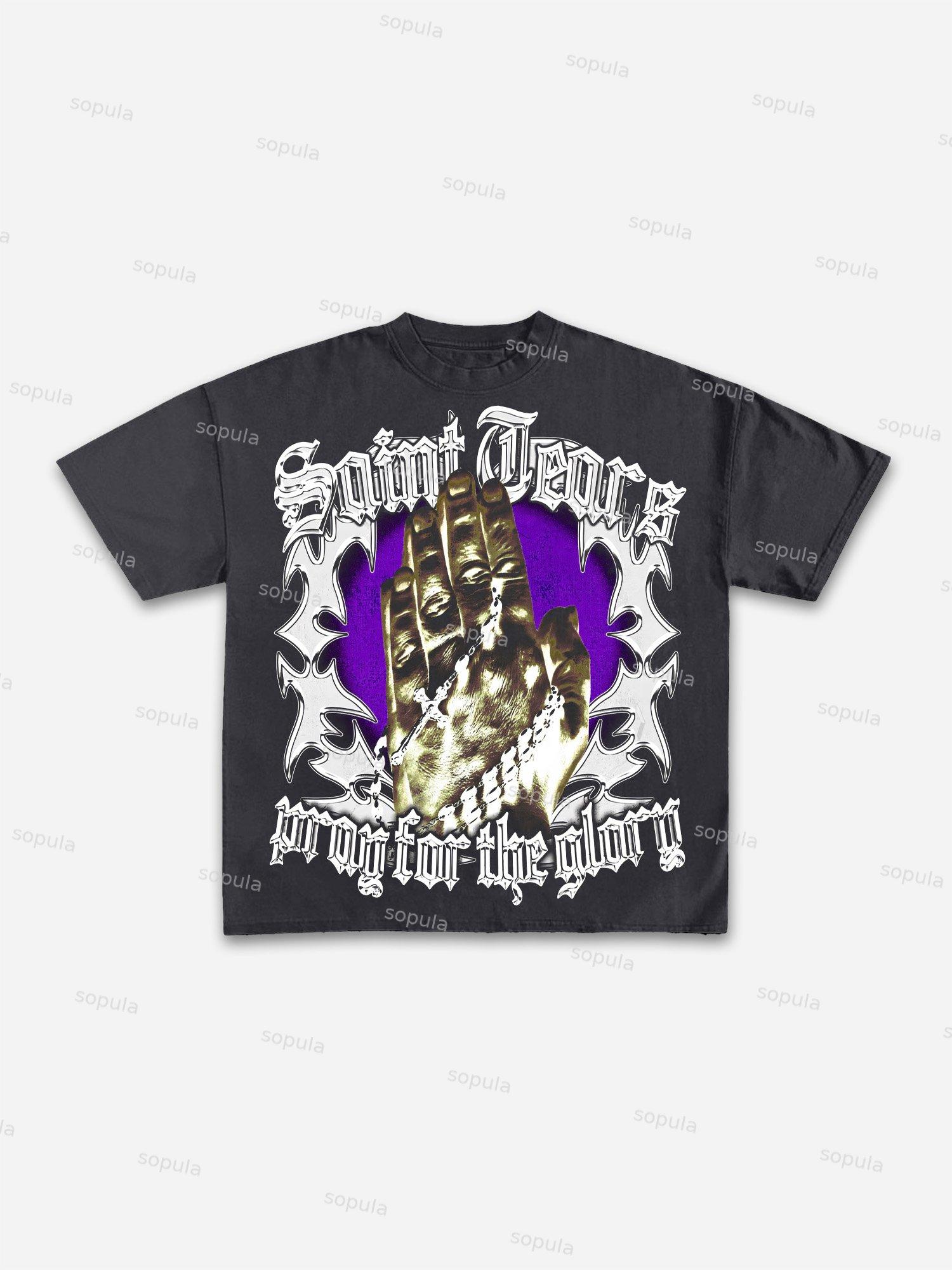 Vintage Pray For The Glory Graphic Print Casual Cotton T-shirt Product Image