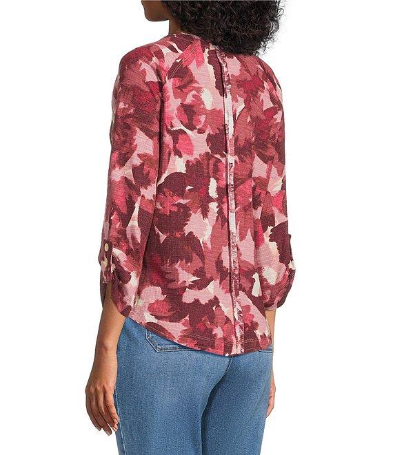 Westbound Petite Size Knit Fest Fuchsia Abstract Foliage 3/4 Bell Sleeve V-Neck Top Product Image