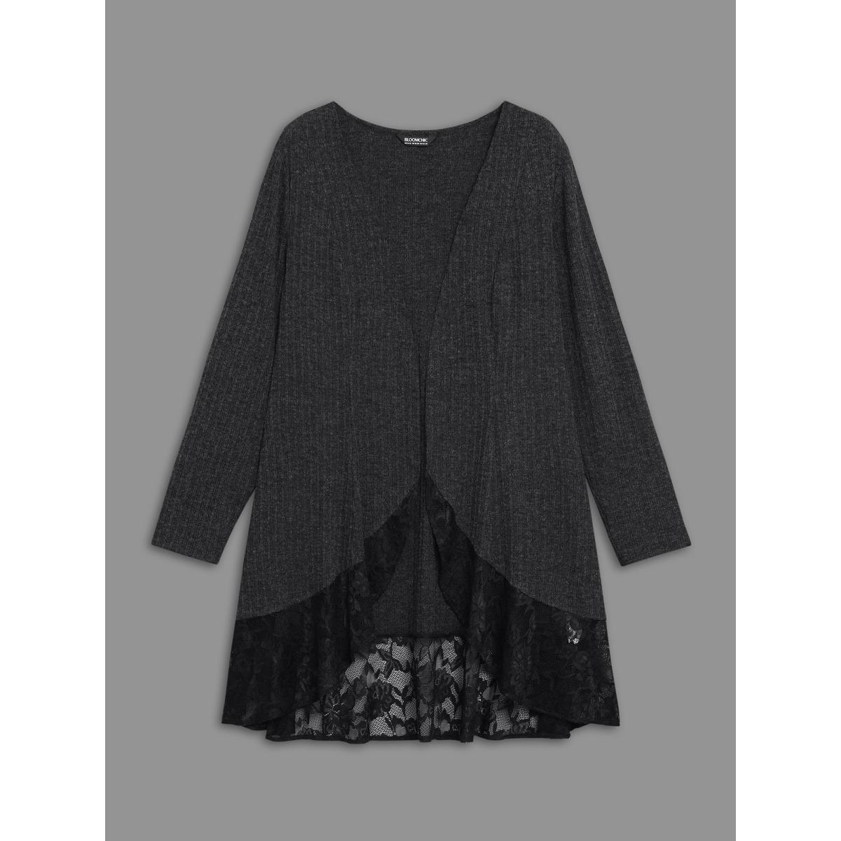 Plus Size Lace Scalloped Open Front Cardigan Women Black Texture Loose Everyday Jackets BloomChic 22-24/3X Product Image