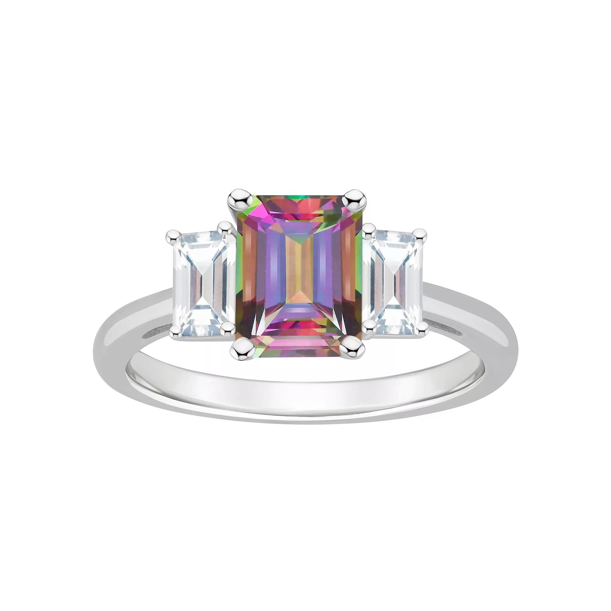 Alyson Layne Sterling Silver Emerald Cut Mystic Topaz & White Topaz Three-Stone Ring, Women's, Size: 5 Product Image