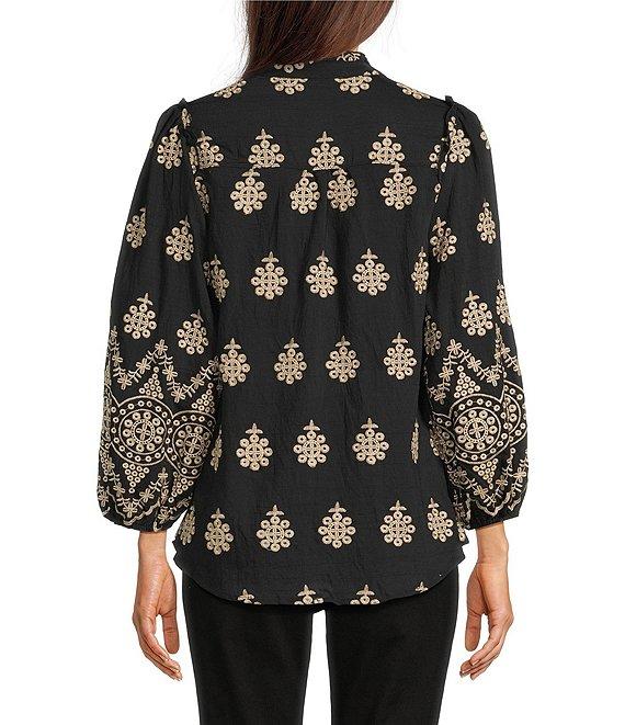 Calessa Petite Size Embroidered Medallion Split V-Neck Wrist Sleeve Button Front Tunic Product Image
